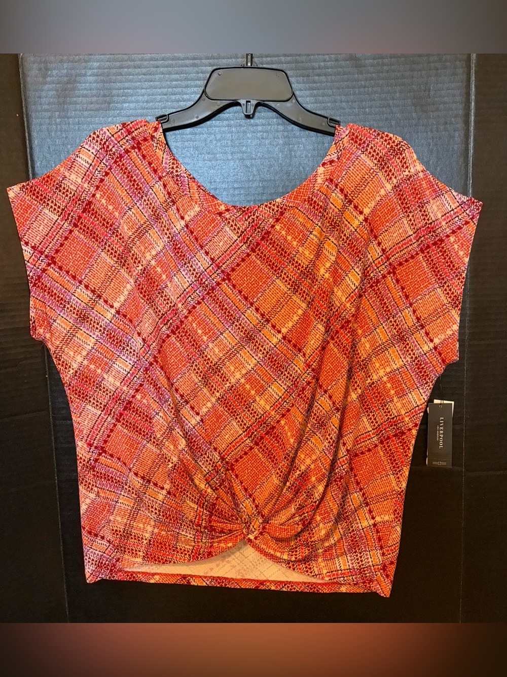 Liverpool Red and Pink Plaid Twist-Front Blouse